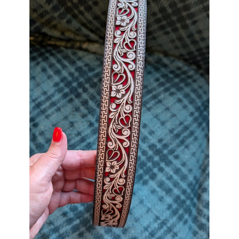 HG Cinturones Mens Brown Leather Western Belt Floral Cutout Red White Mexico 40 - Picture 6 of 10